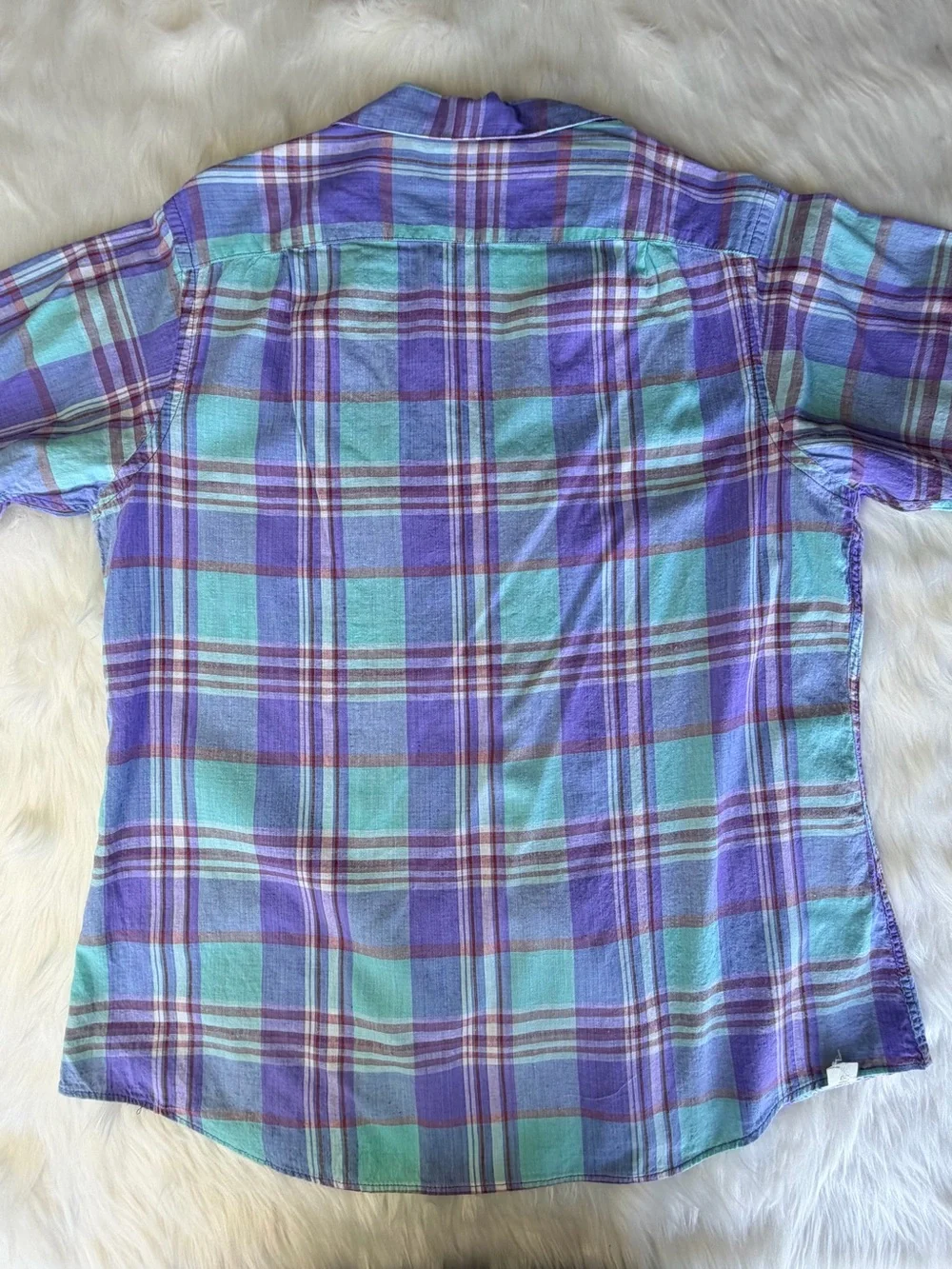 Vintage L.L. Bean Plaid Shirt Sz 18 Made in USA Purple Teal Short Sleeve